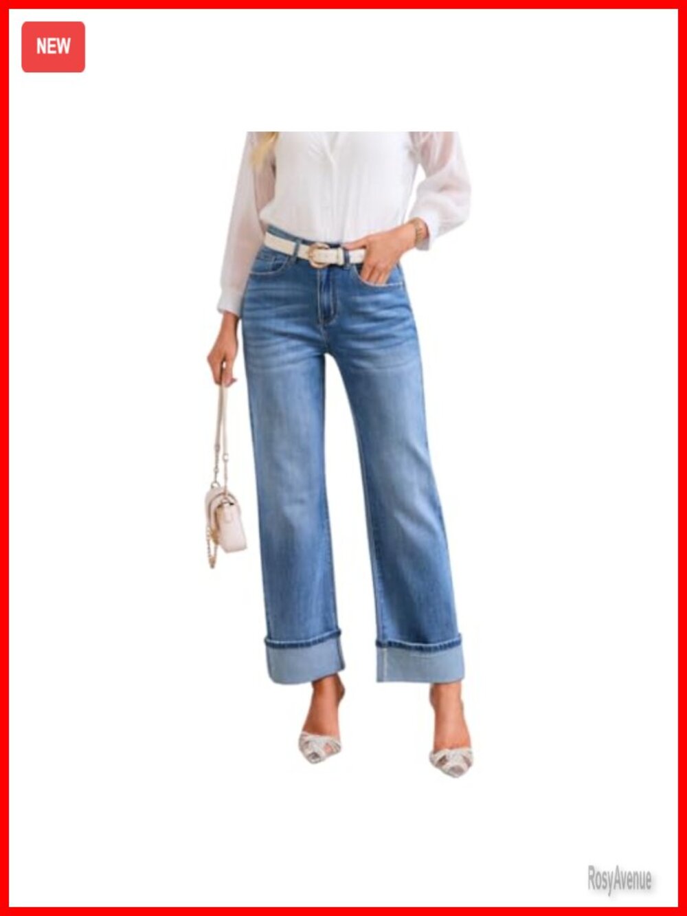 Stretchy High Waisted Wide Leg Jeans for Women, Cuffed